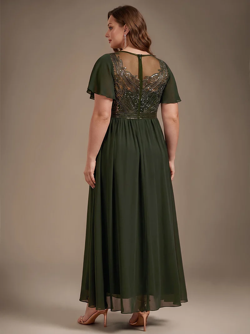 Robe longue en tulle perlée à coupe trapèze et manches volantées