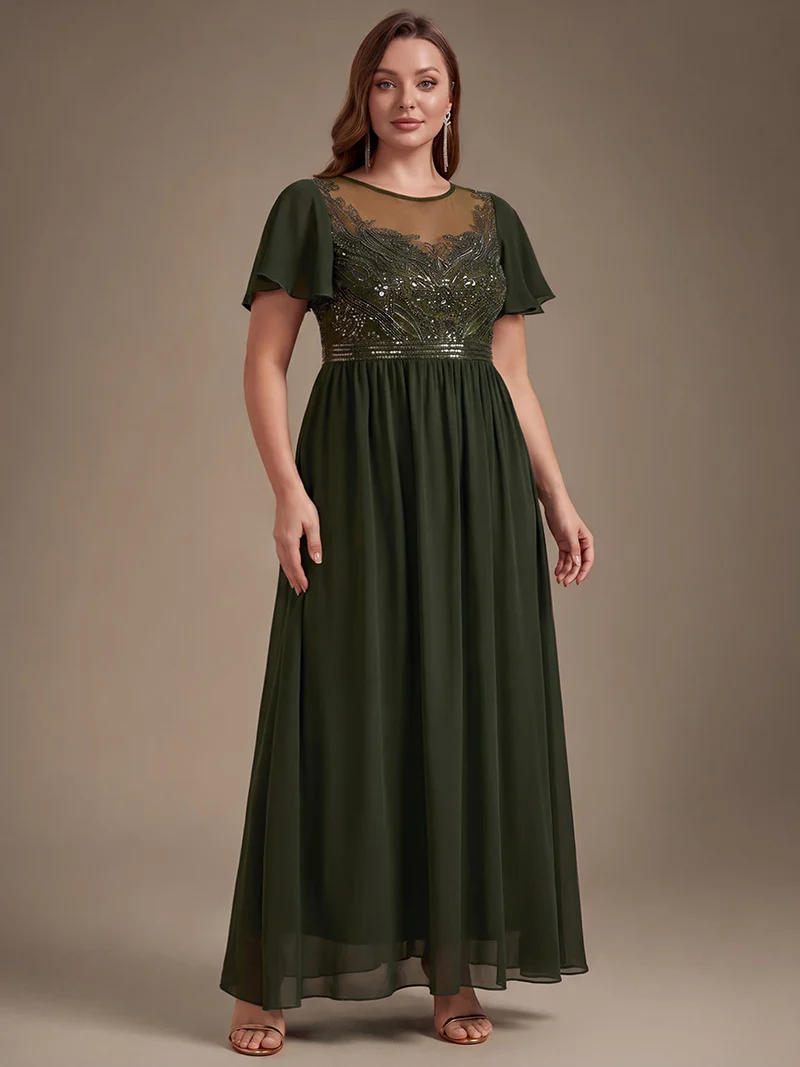 Robe longue en tulle perlée à coupe trapèze et manches volantées