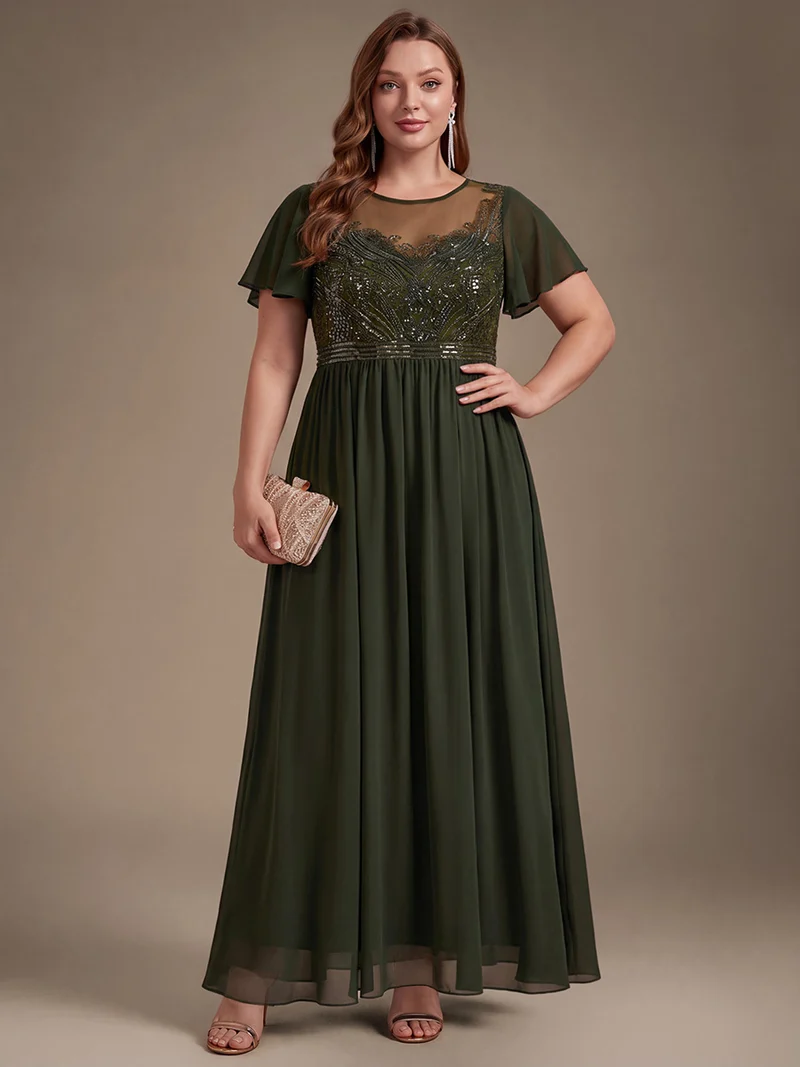 Robe longue en tulle perlée à coupe trapèze et manches volantées