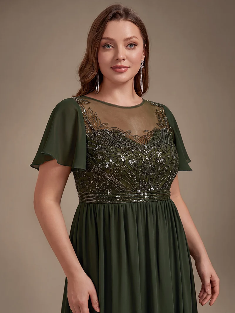 Robe longue en tulle perlée à coupe trapèze et manches volantées