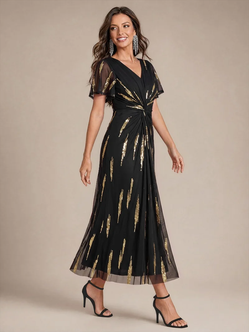 Robe en tulle à sequins longueur thé, col V et manches volantées