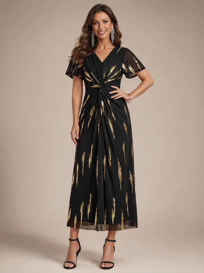 Robe en tulle à sequins longueur thé, col V et manches volantées