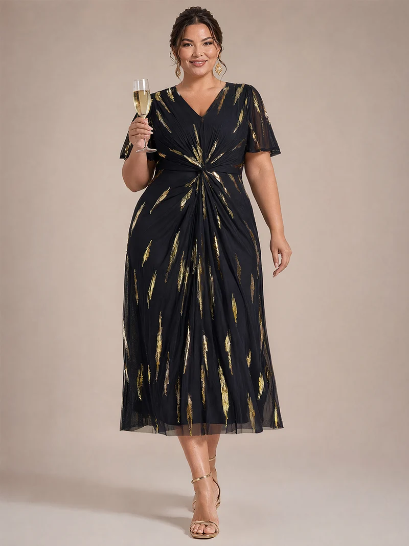 Robe en tulle à sequins longueur thé, col V et manches volantées