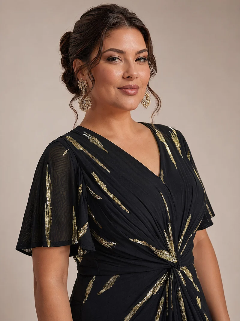 Robe en tulle à sequins longueur thé, col V et manches volantées