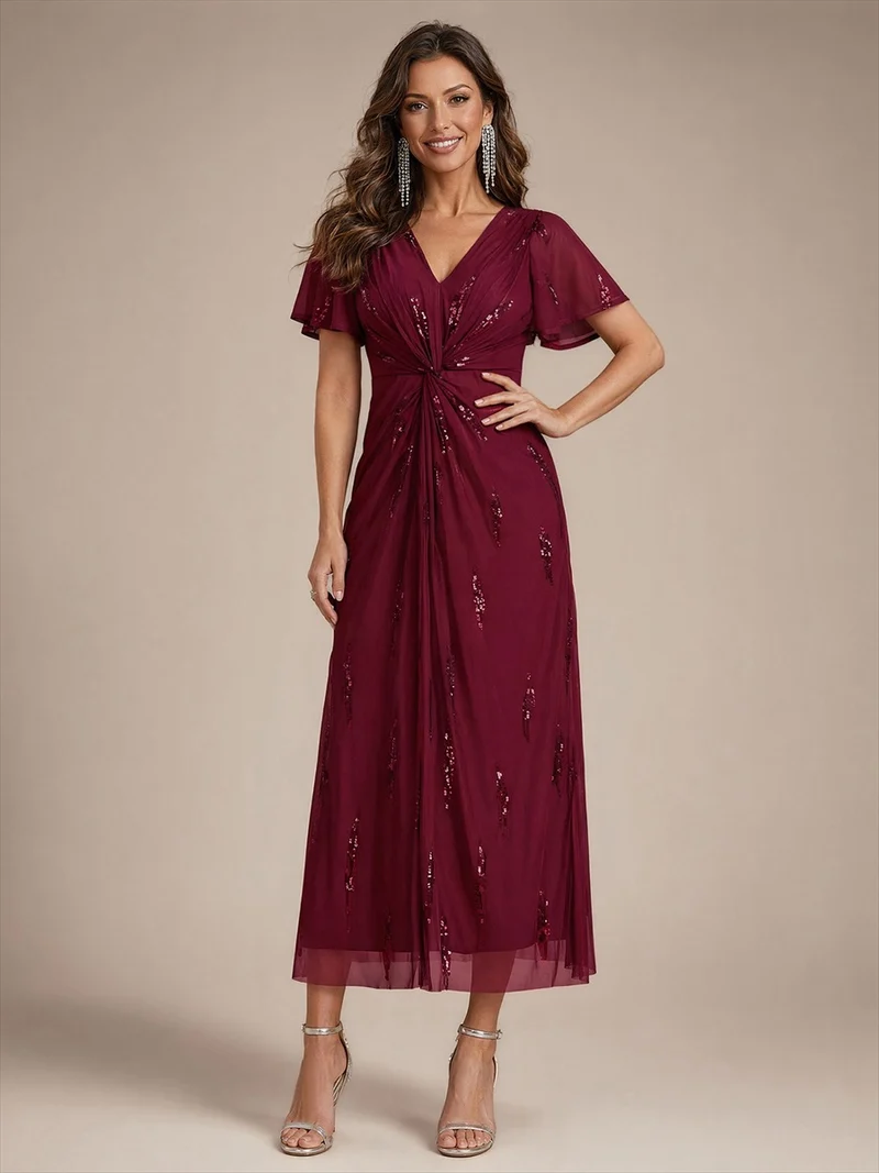 Robe en tulle à sequins longueur thé, col V et manches volantées