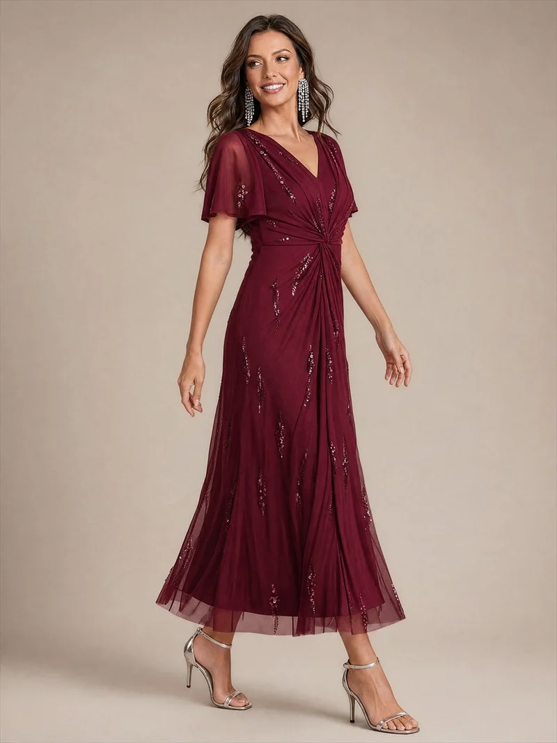 Robe en tulle à sequins longueur thé, col V et manches volantées