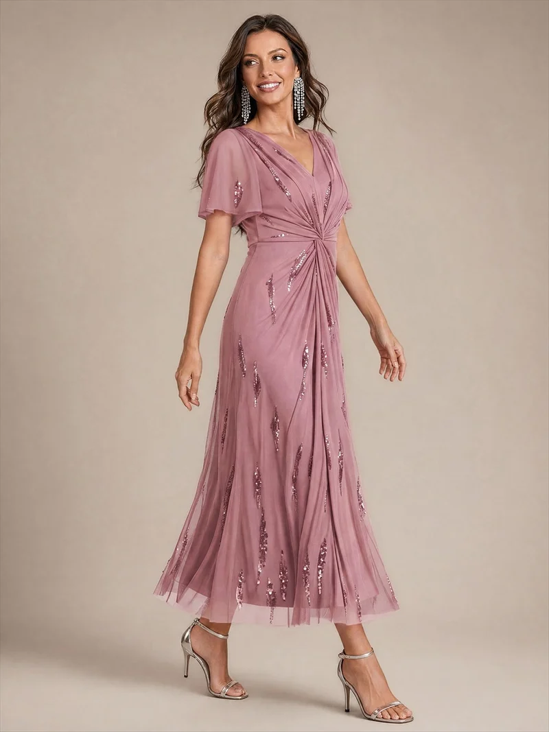 Robe en tulle à sequins longueur thé, col V et manches volantées