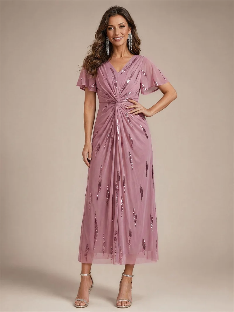 Robe en tulle à sequins longueur thé, col V et manches volantées