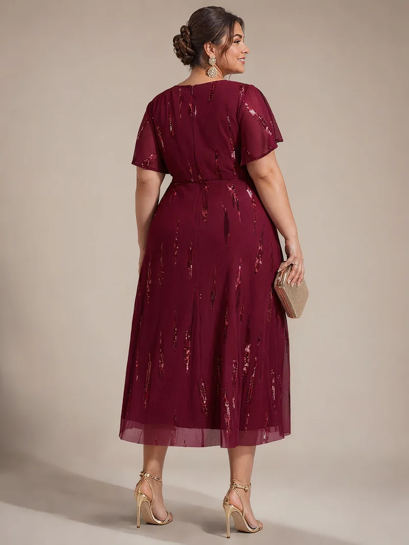 Robe en tulle à sequins longueur thé, col V et manches volantées
