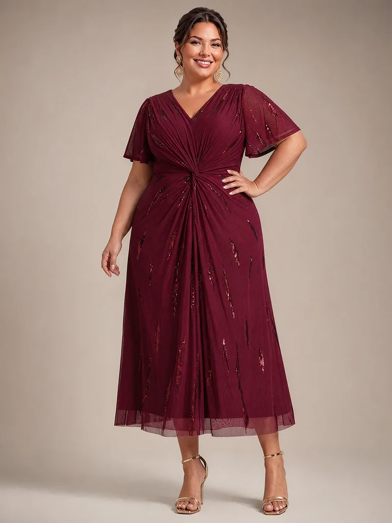 Robe en tulle à sequins longueur thé, col V et manches volantées
