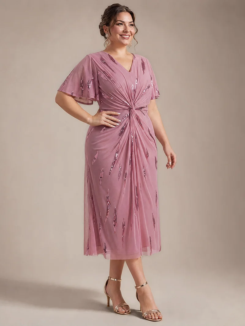 Robe en tulle à sequins longueur thé, col V et manches volantées