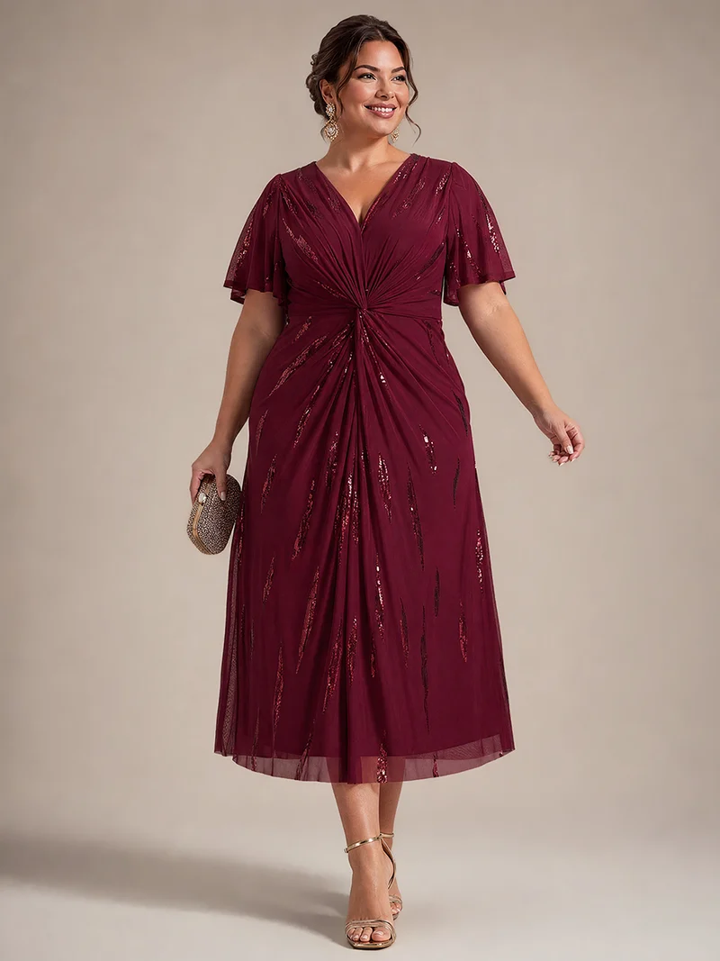 Robe en tulle à sequins longueur thé, col V et manches volantées