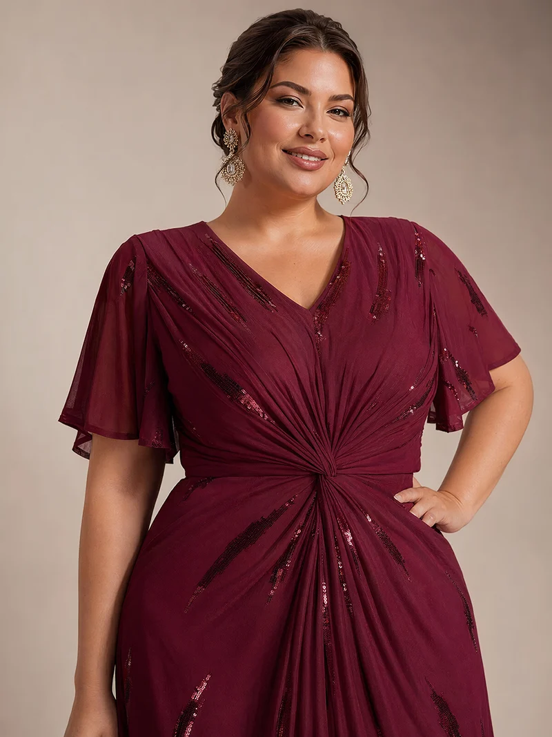 Robe en tulle à sequins longueur thé, col V et manches volantées