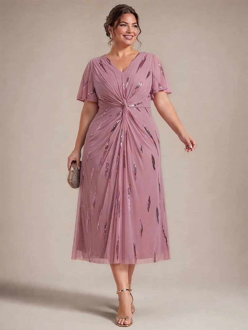 Robe en tulle à sequins longueur thé, col V et manches volantées