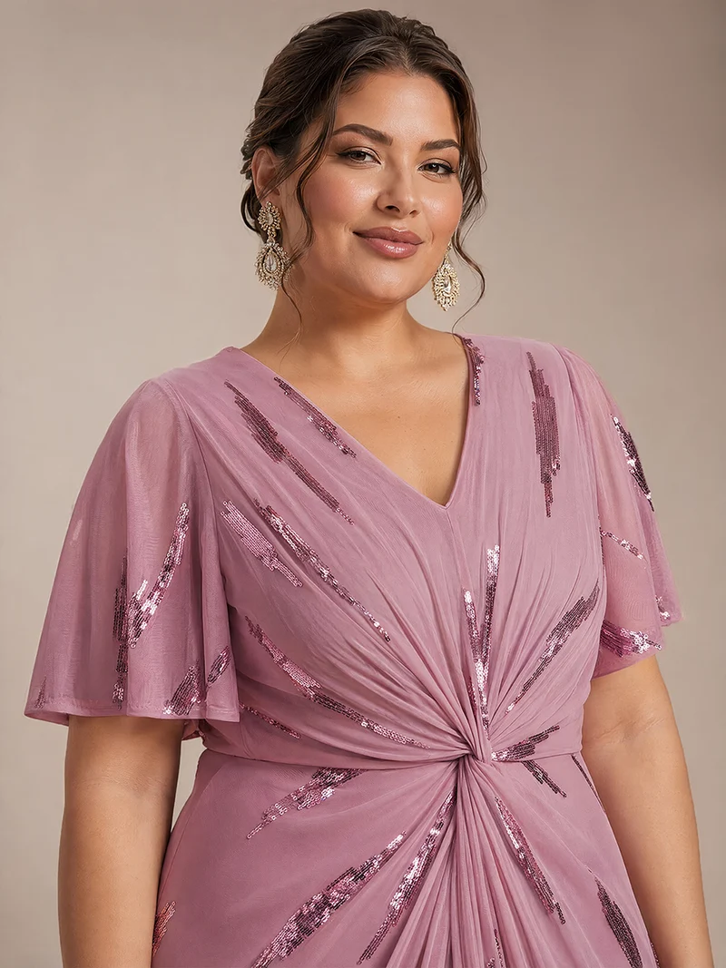 Robe en tulle à sequins longueur thé, col V et manches volantées