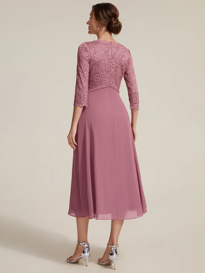 Robe midi en dentelle à col V et manches 3/4