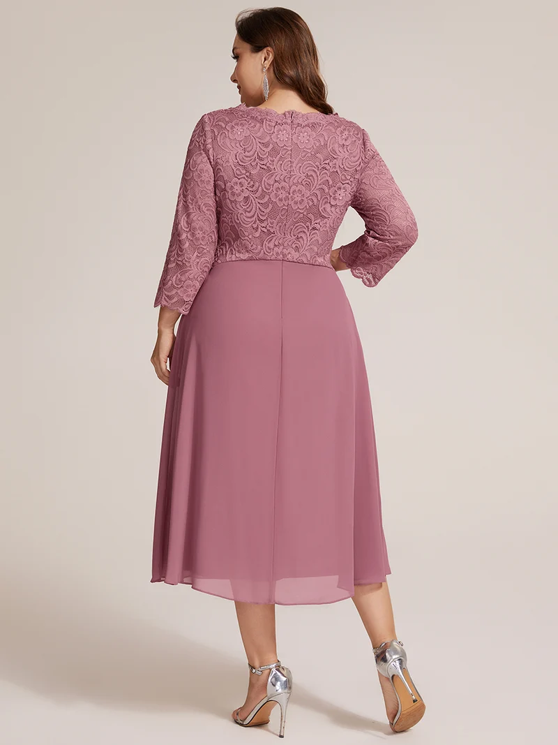 Robe midi en dentelle à col V et manches 3/4