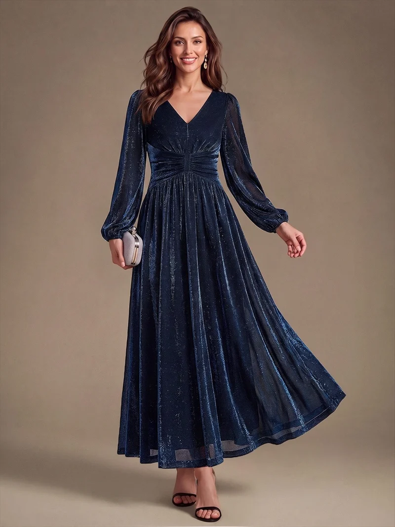 Robe de soirée longue en maille lurex à col V et manches bouffantes