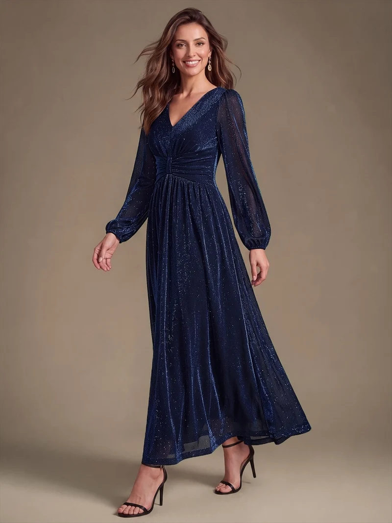 Robe de soirée longue en maille lurex à col V et manches bouffantes