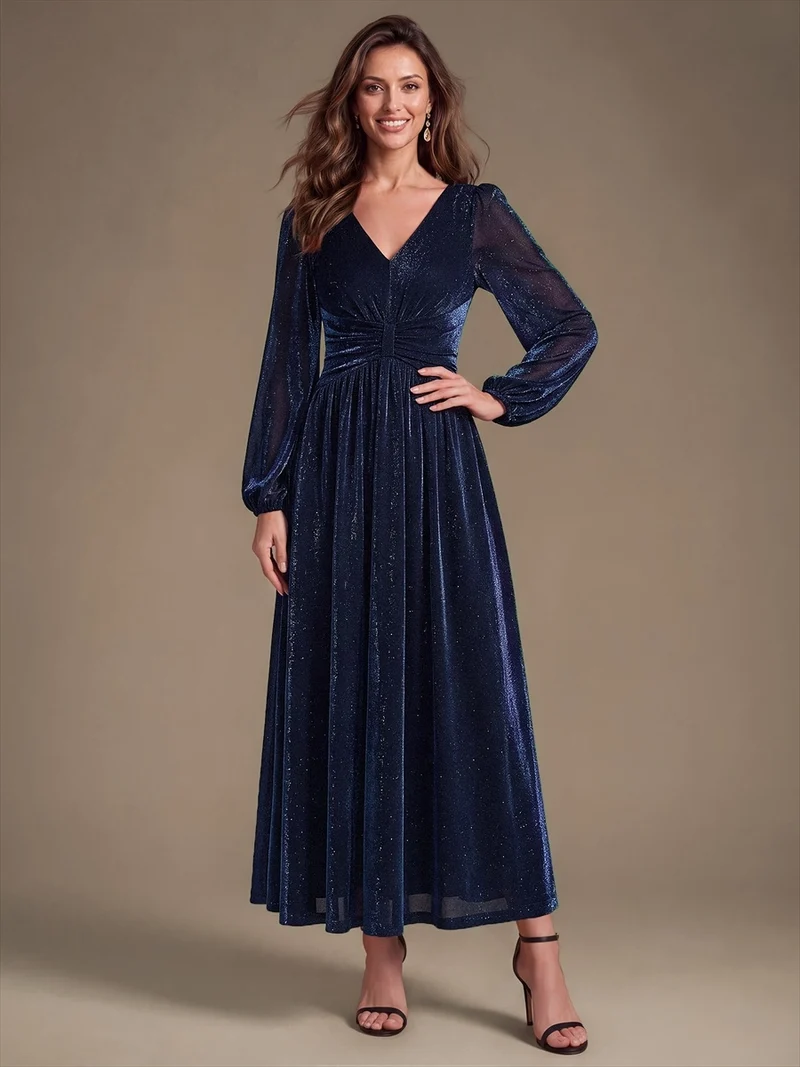 Robe de soirée longue en maille lurex à col V et manches bouffantes