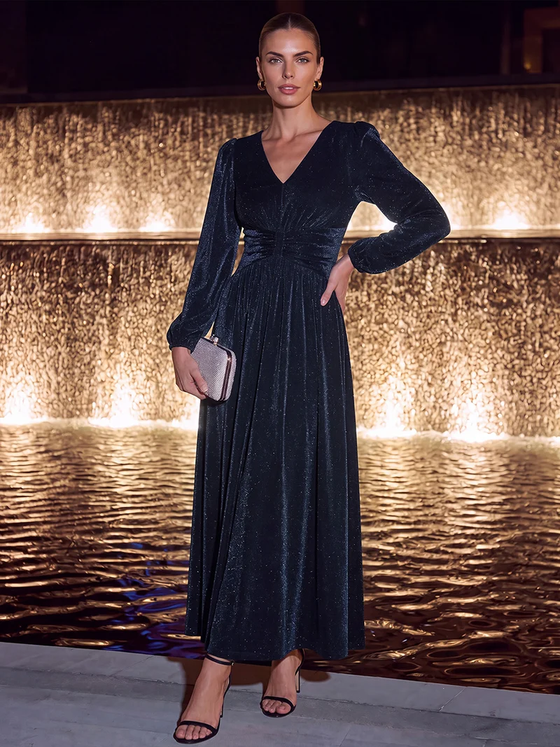 Robe de soirée longue en maille lurex à col V et manches bouffantes