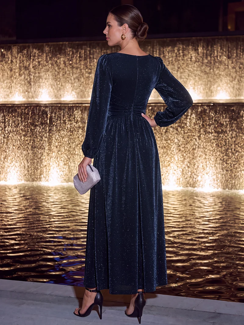 Robe de soirée longue en maille lurex à col V et manches bouffantes
