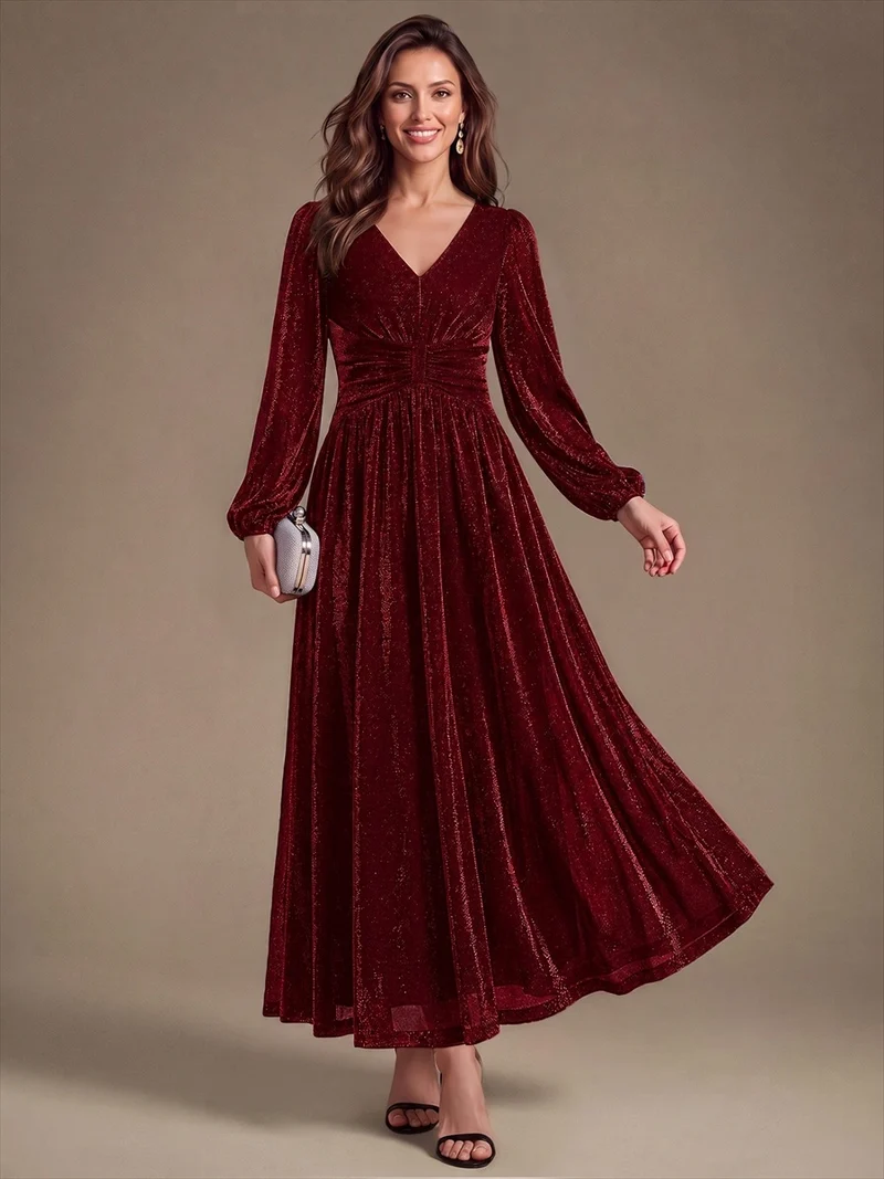 Robe de soirée longue en maille lurex à col V et manches bouffantes