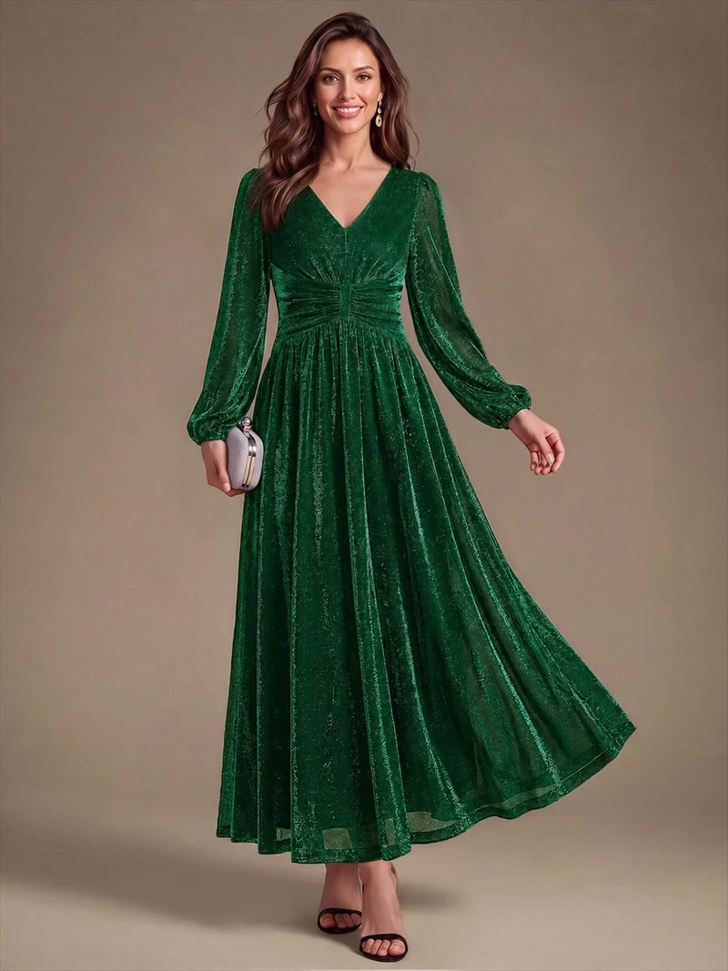 Robe de soirée longue en maille lurex à col V et manches bouffantes