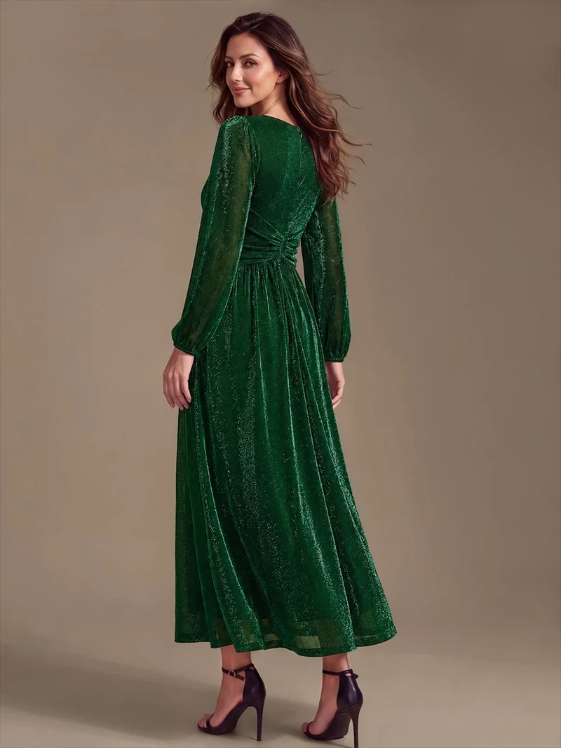 Robe de soirée longue en maille lurex à col V et manches bouffantes