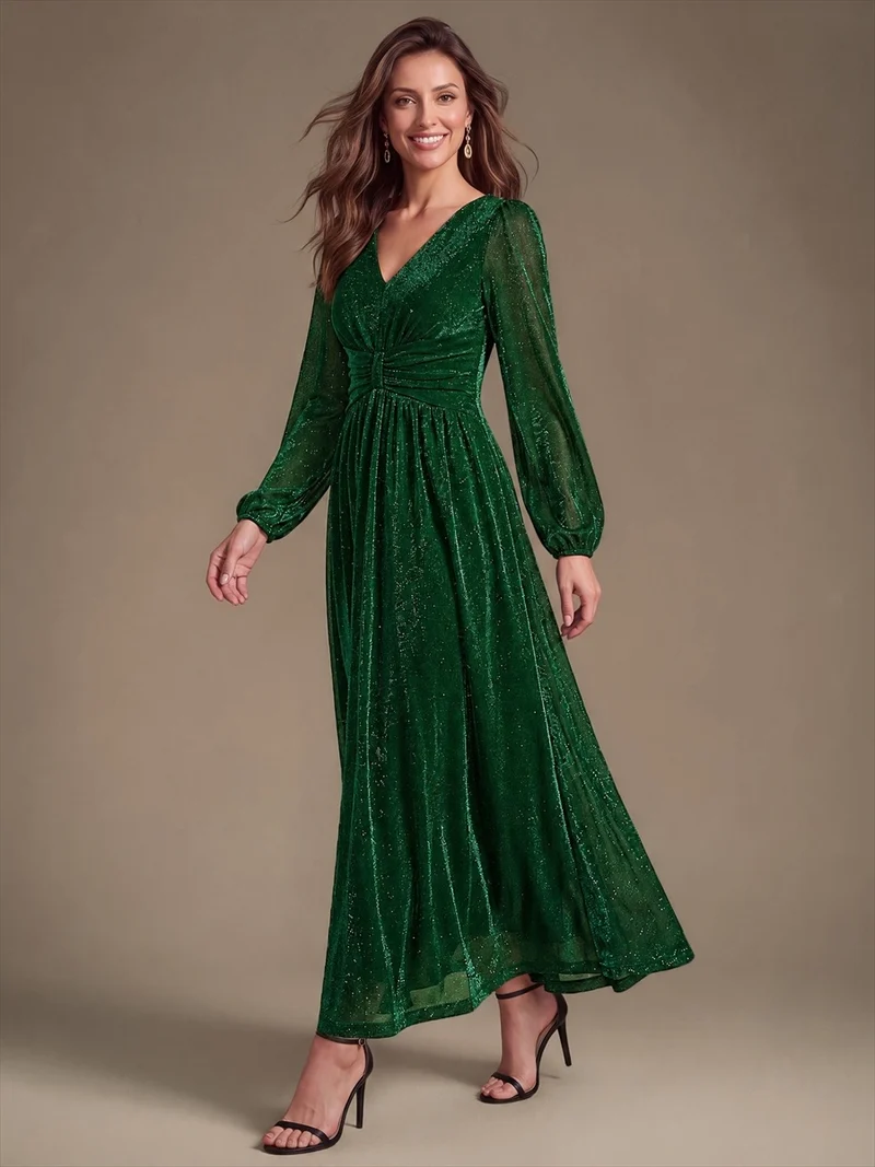 Robe de soirée longue en maille lurex à col V et manches bouffantes