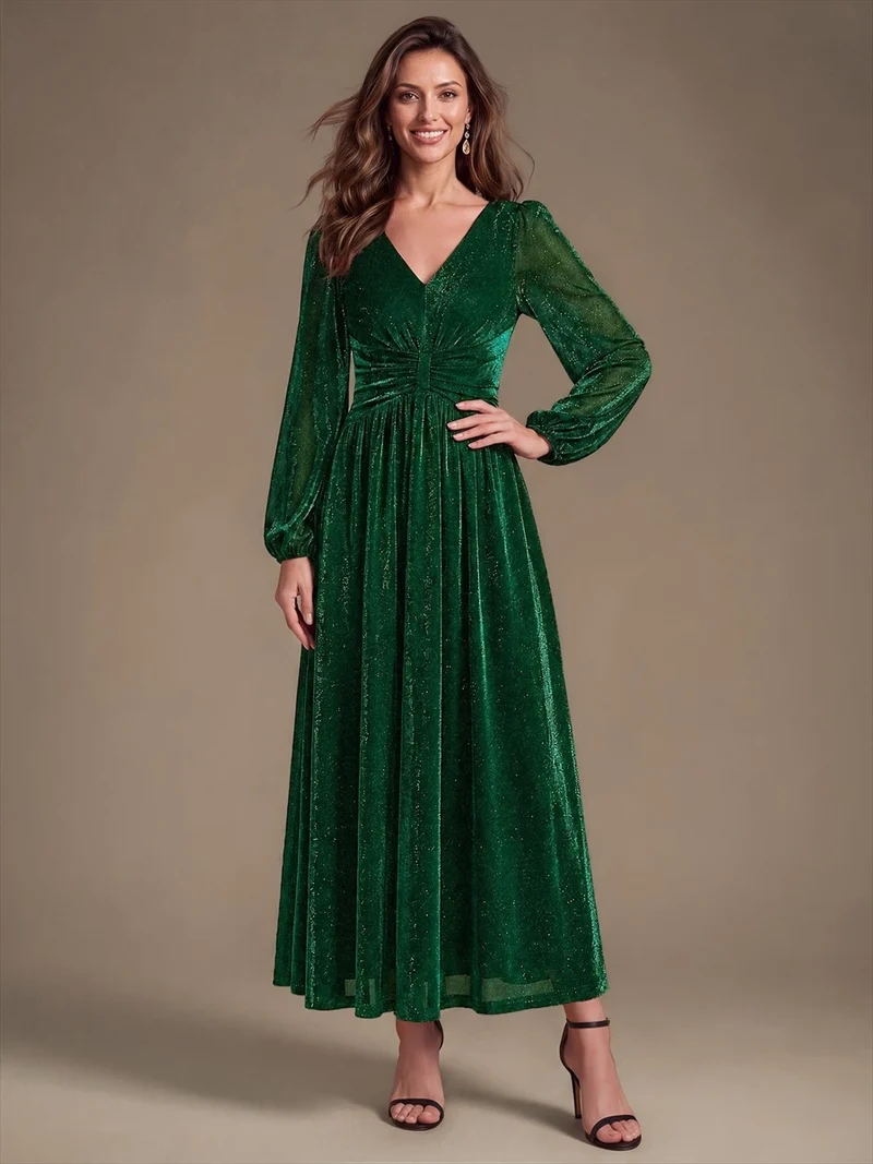Robe de soirée longue en maille lurex à col V et manches bouffantes