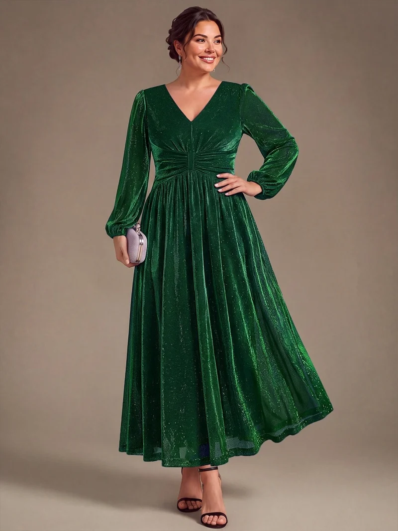 Robe de soirée longue en maille lurex à col V et manches bouffantes