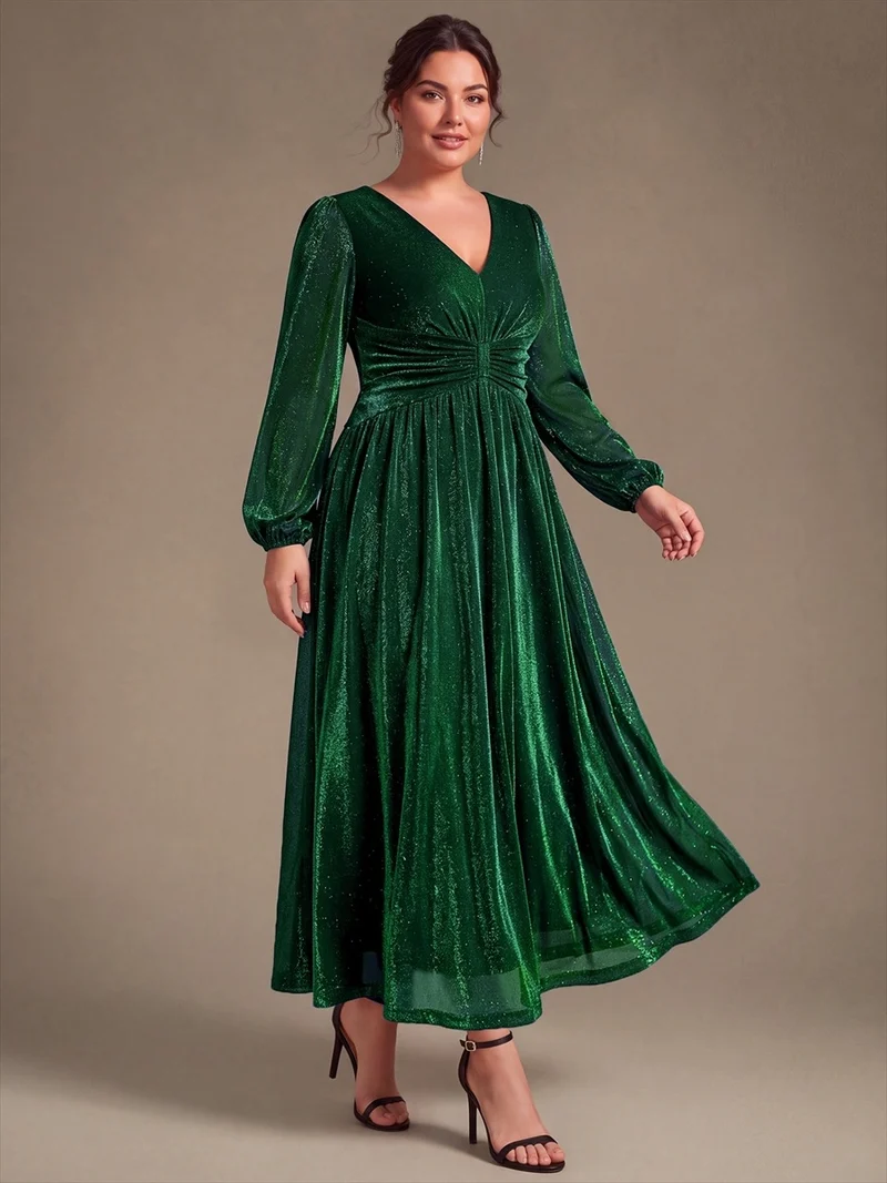 Robe de soirée longue en maille lurex à col V et manches bouffantes