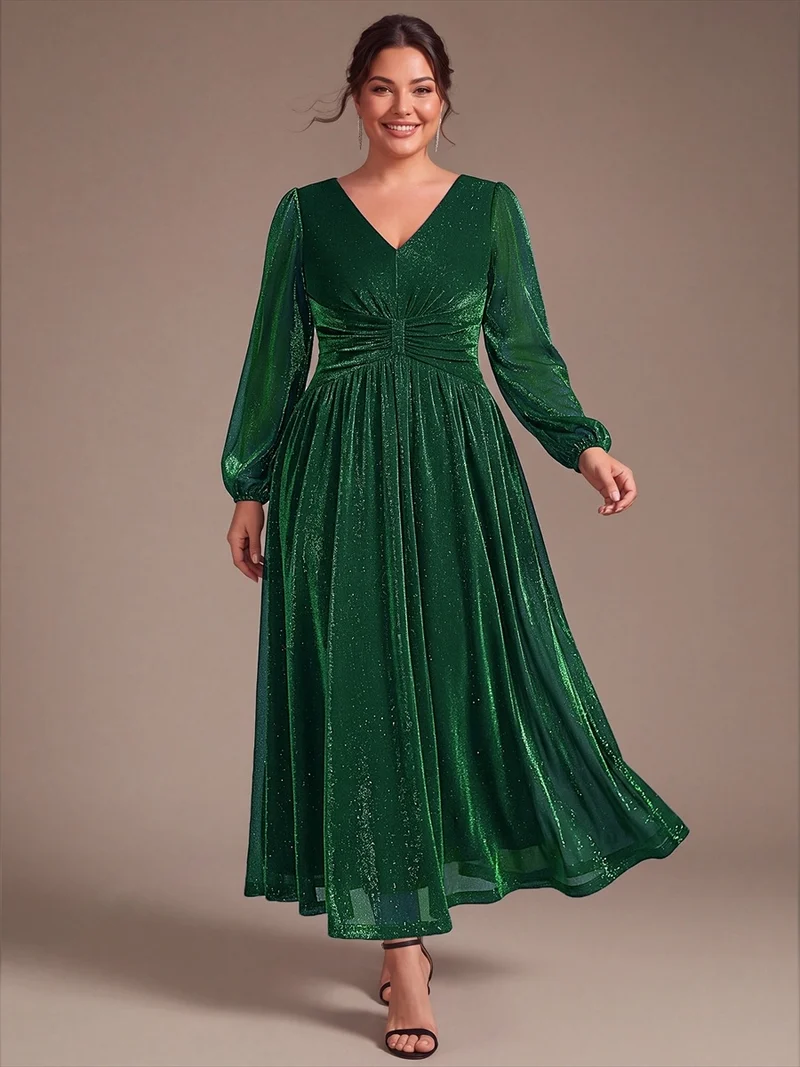 Robe de soirée longue en maille lurex à col V et manches bouffantes