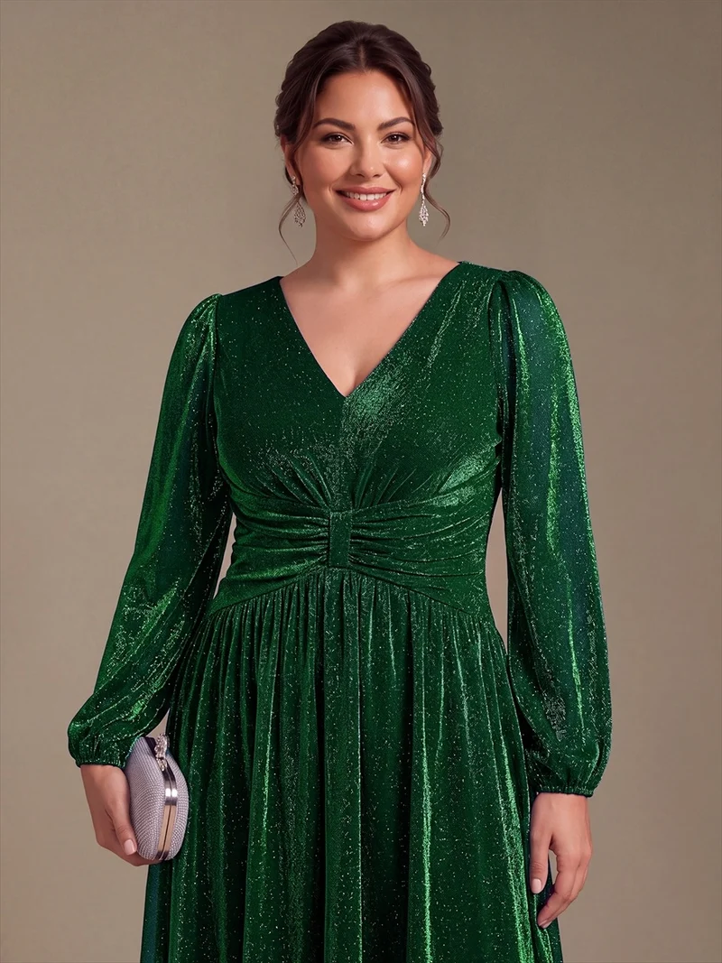 Robe de soirée longue en maille lurex à col V et manches bouffantes