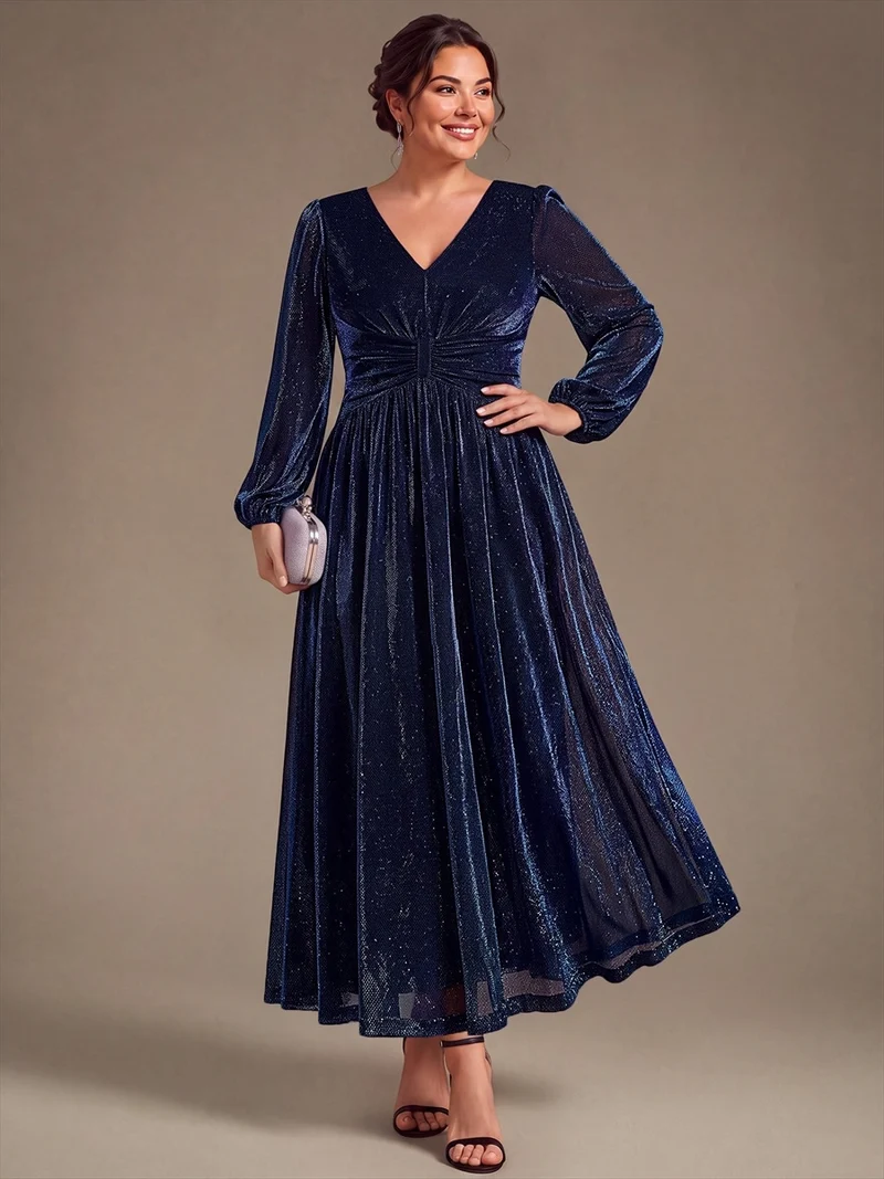 Robe de soirée longue en maille lurex à col V et manches bouffantes