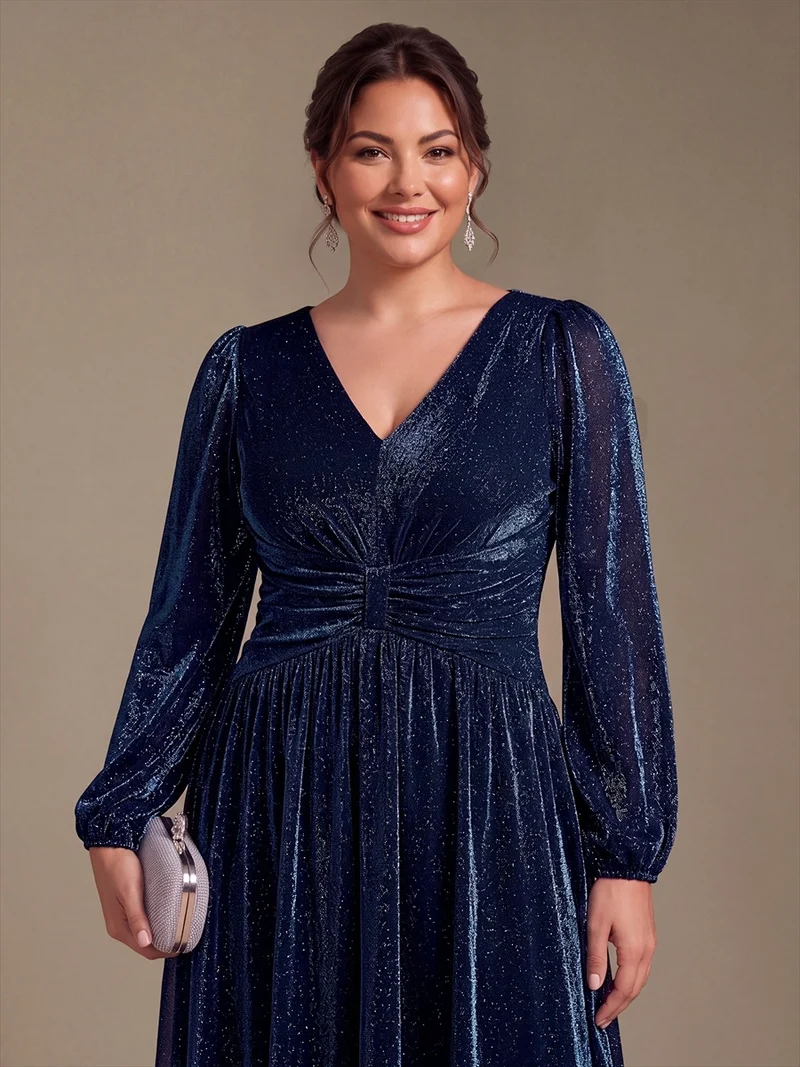 Robe de soirée longue en maille lurex à col V et manches bouffantes