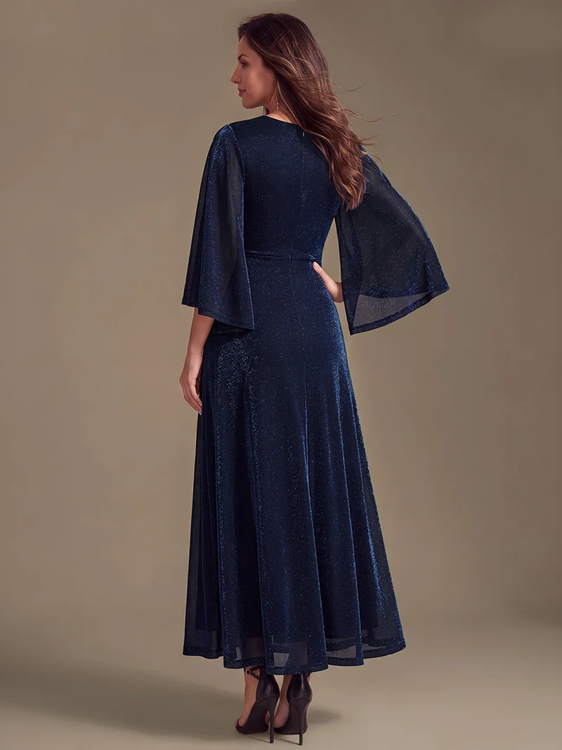 Robe longue en maille lurex croisée à manches 3/4
