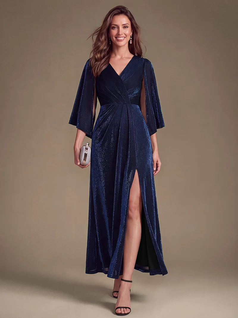 Robe longue en maille lurex croisée à manches 3/4