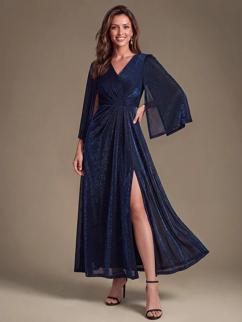 Robe longue en maille lurex croisée à manches 3/4
