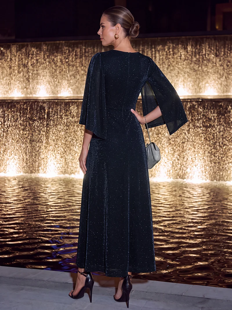 Robe longue en maille lurex croisée à manches 3/4