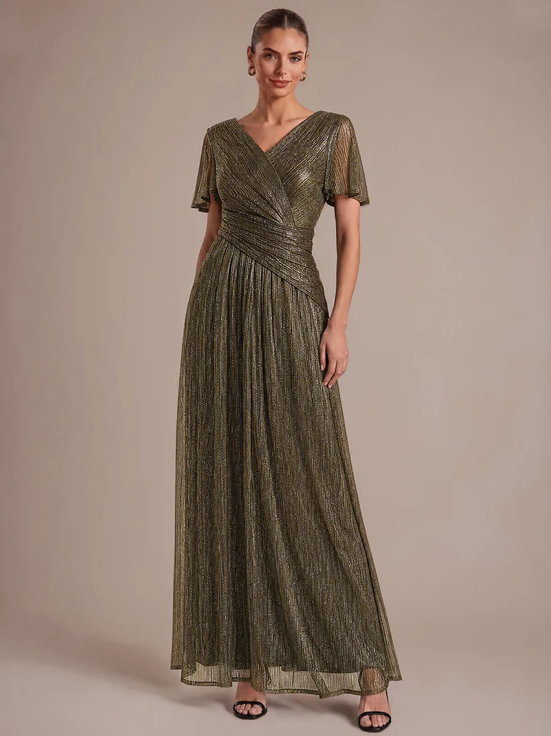 Robe Plissée en Tulle Coupe Trapèze Longue avec Manches Volantées