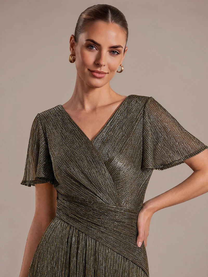 Robe Plissée en Tulle Coupe Trapèze Longue avec Manches Volantées
