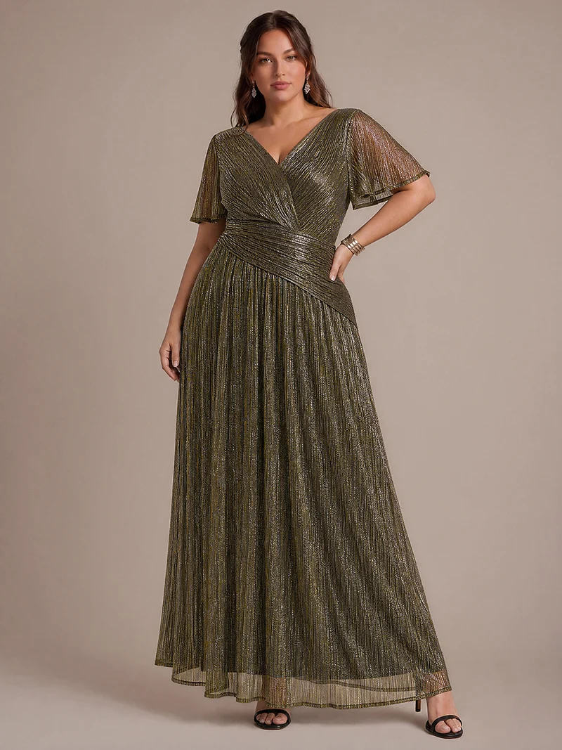 Robe Plissée en Tulle Coupe Trapèze Longue avec Manches Volantées