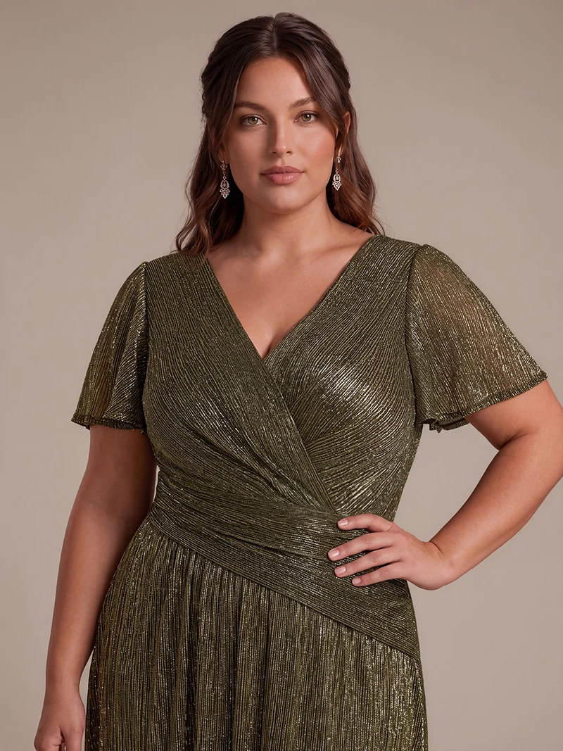 Robe Plissée en Tulle Coupe Trapèze Longue avec Manches Volantées