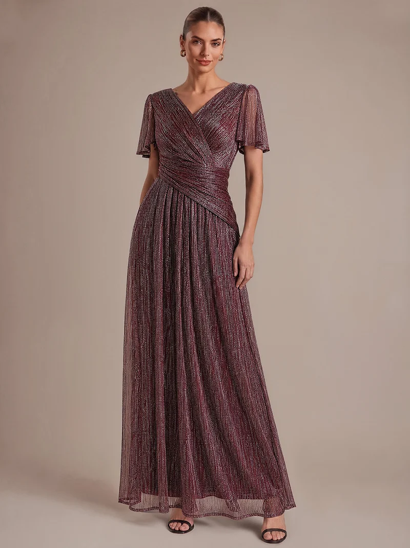 Robe Plissée en Tulle Coupe Trapèze Longue avec Manches Volantées