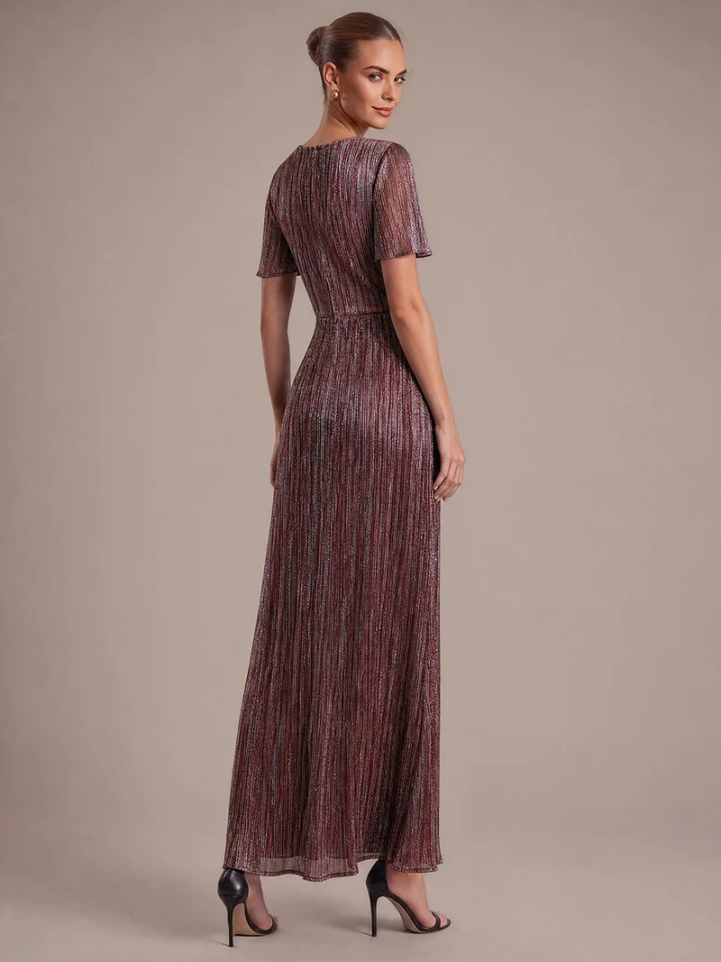 Robe Plissée en Tulle Coupe Trapèze Longue avec Manches Volantées