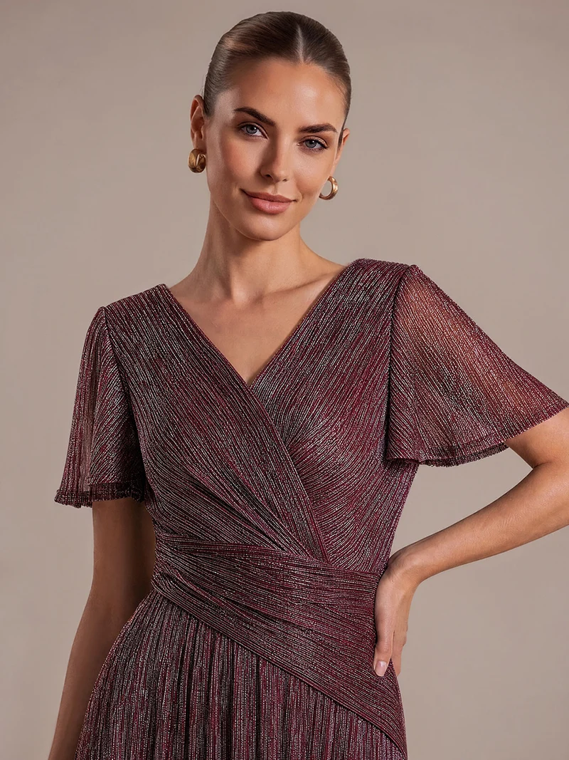 Robe Plissée en Tulle Coupe Trapèze Longue avec Manches Volantées