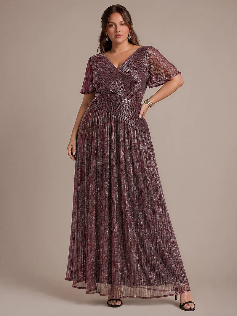 Robe Plissée en Tulle Coupe Trapèze Longue avec Manches Volantées