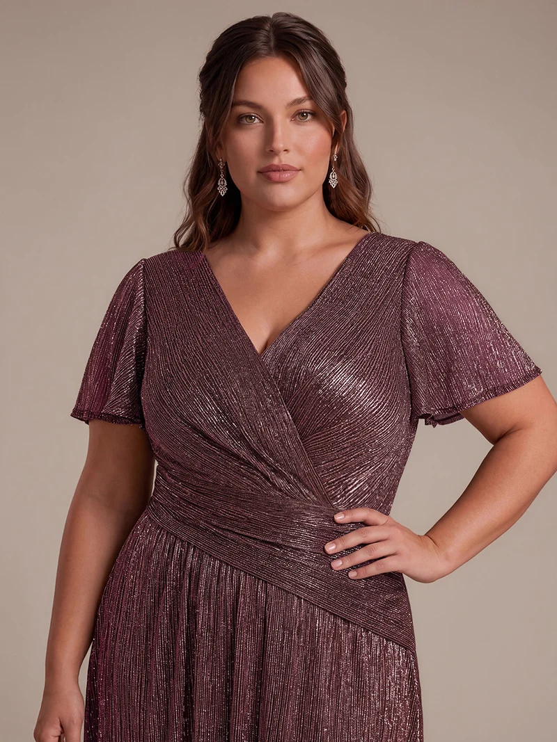 Robe Plissée en Tulle Coupe Trapèze Longue avec Manches Volantées